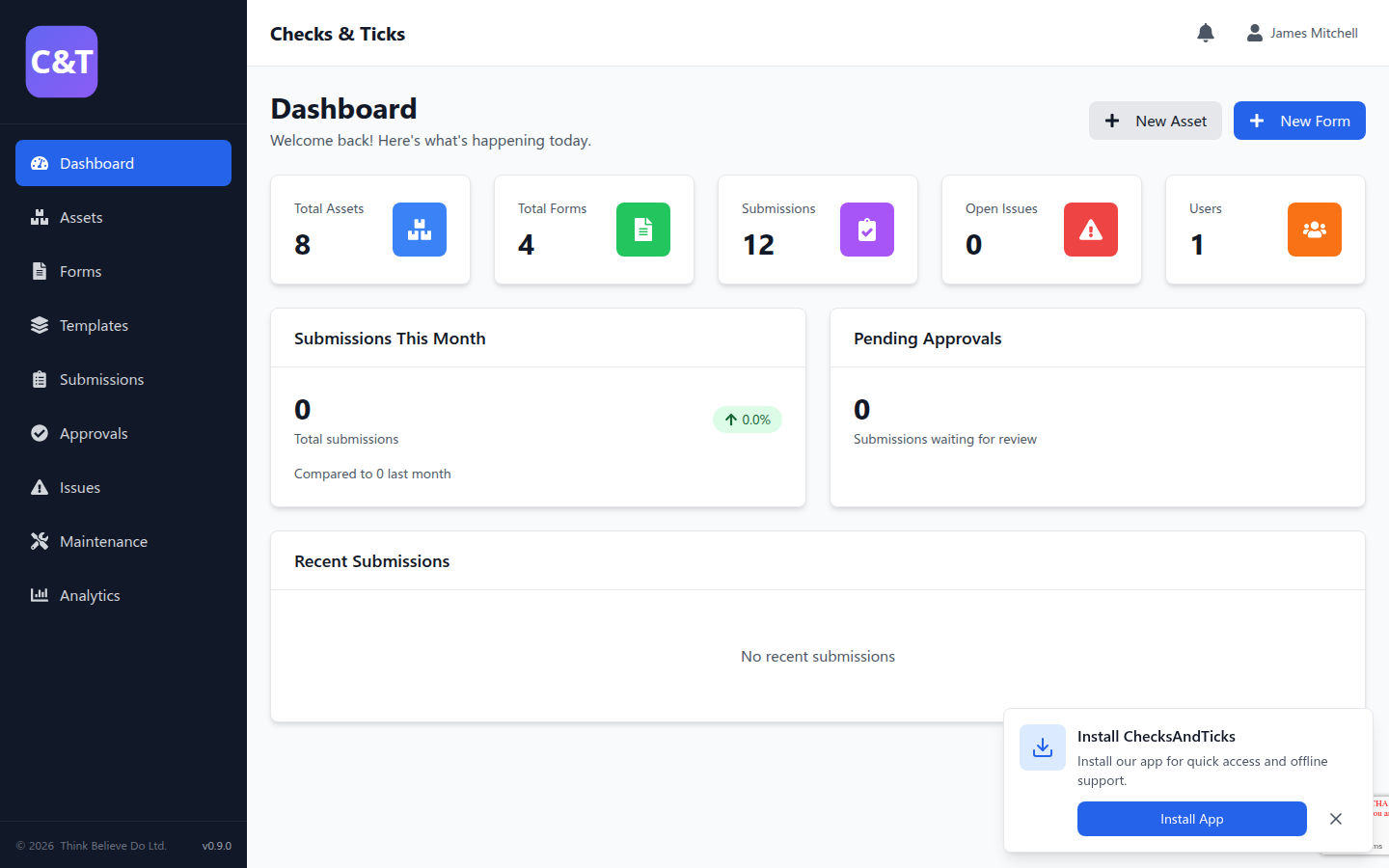 ChecksAndTicks Dashboard - Track assets, forms, submissions and compliance at a glance